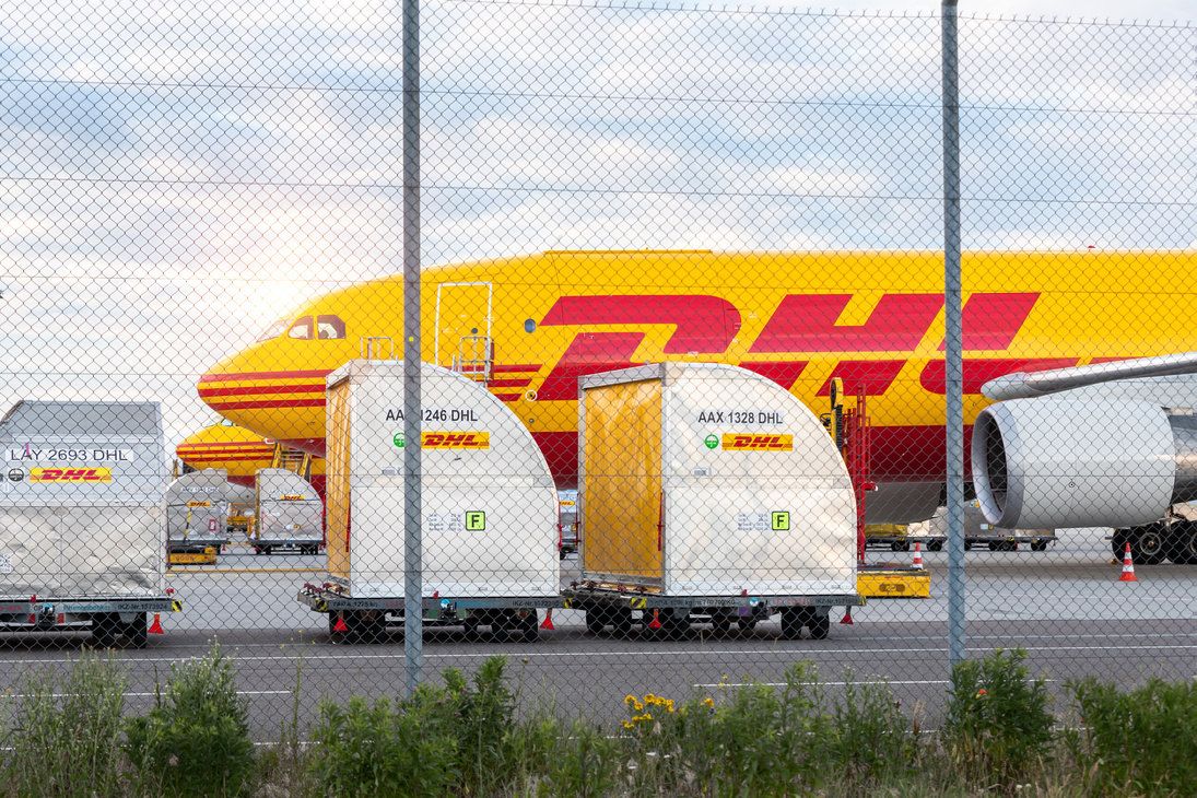 Schkeuditz, Germany - 29Th May, 2022 - Many Big Cargo Planes Parked on Leipzig Halle Airport Terminal Tarmac Apron for Loading, Service Maintenance. DHL Air Mail Express Fast Logistic Hub Terminal